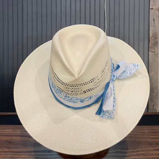 Blue & White Pinch Front Straw Fedora