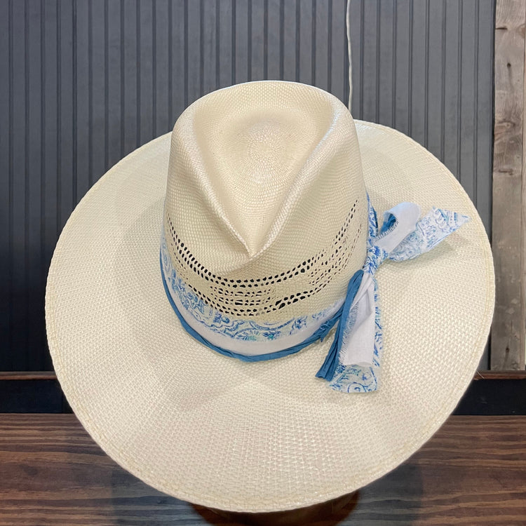 Blue & White Pinch Front Straw Fedora