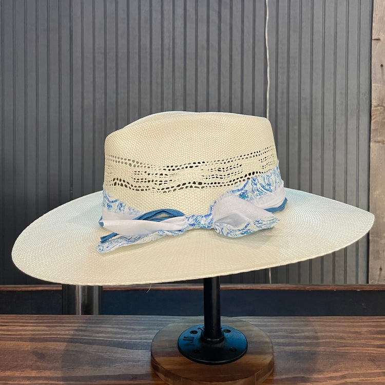 Blue & White Pinch Front Straw Fedora