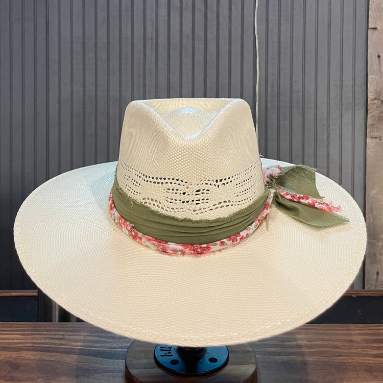Green & Floral Teardrop Straw Fedora