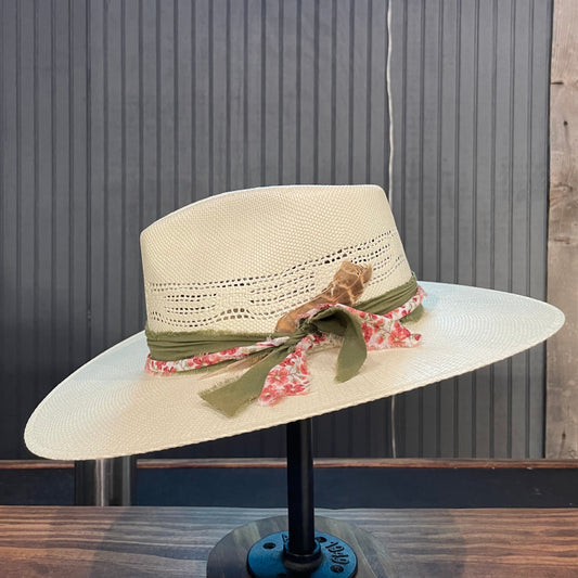 Green & Floral Teardrop Straw Fedora
