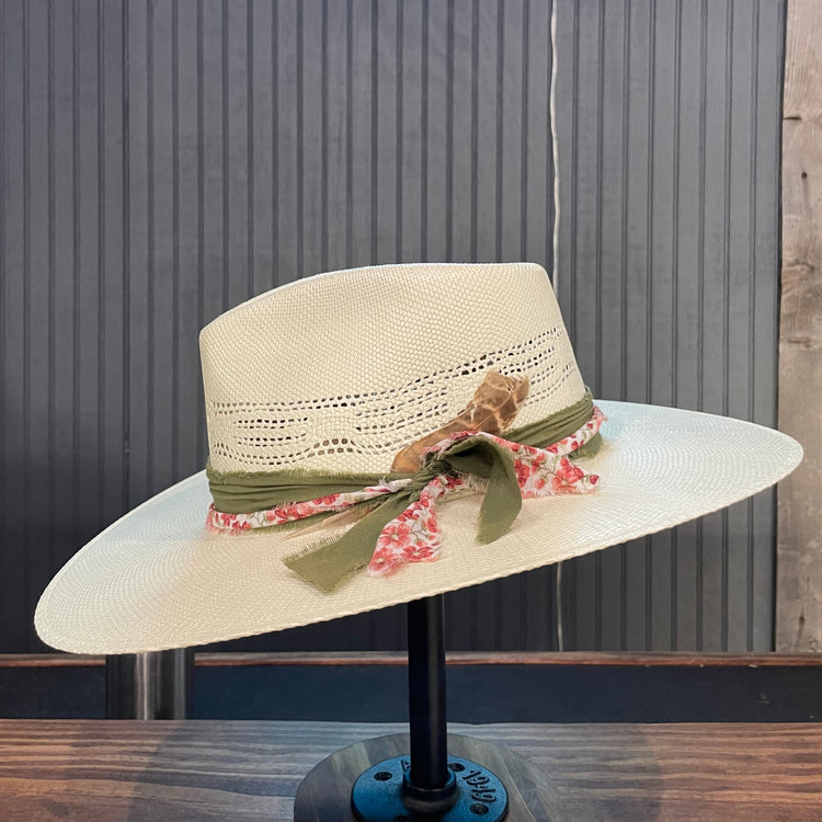 Green & Floral Teardrop Straw Fedora