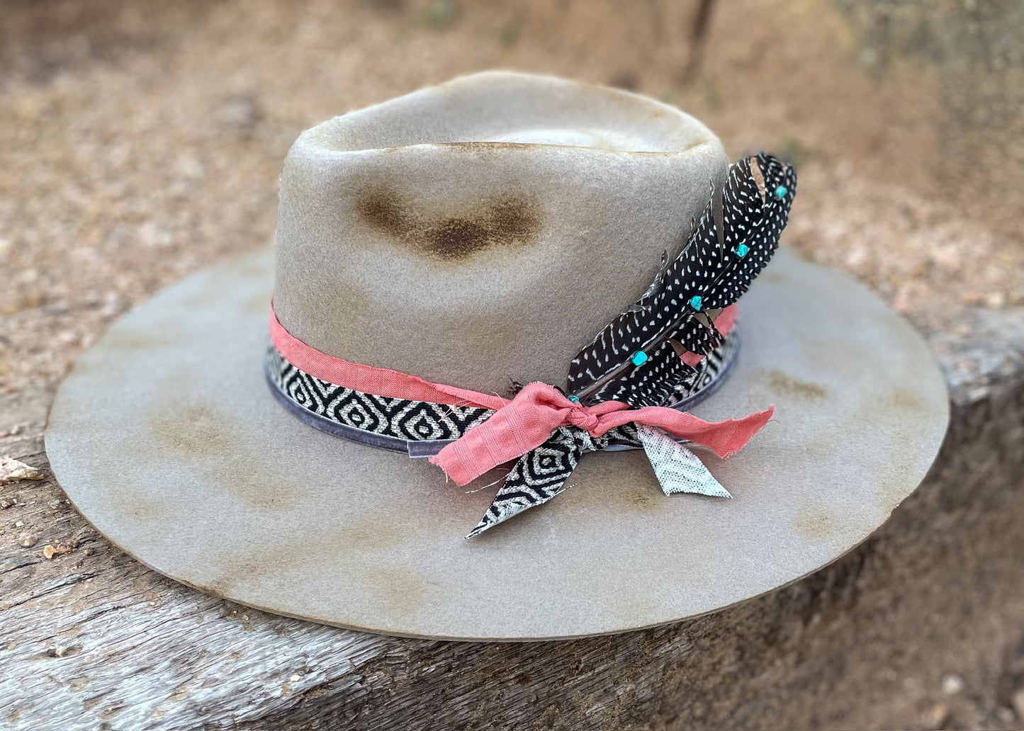 Tan Teardrop Felt Hat With Distressed Burn