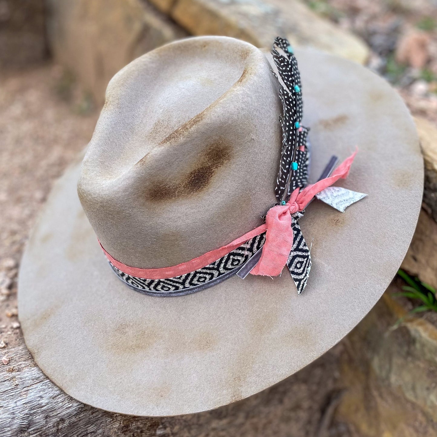 Tan Teardrop Felt Hat With Distressed Burn