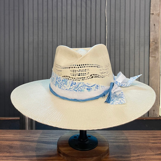 Blue & White Pinch Front Straw Fedora